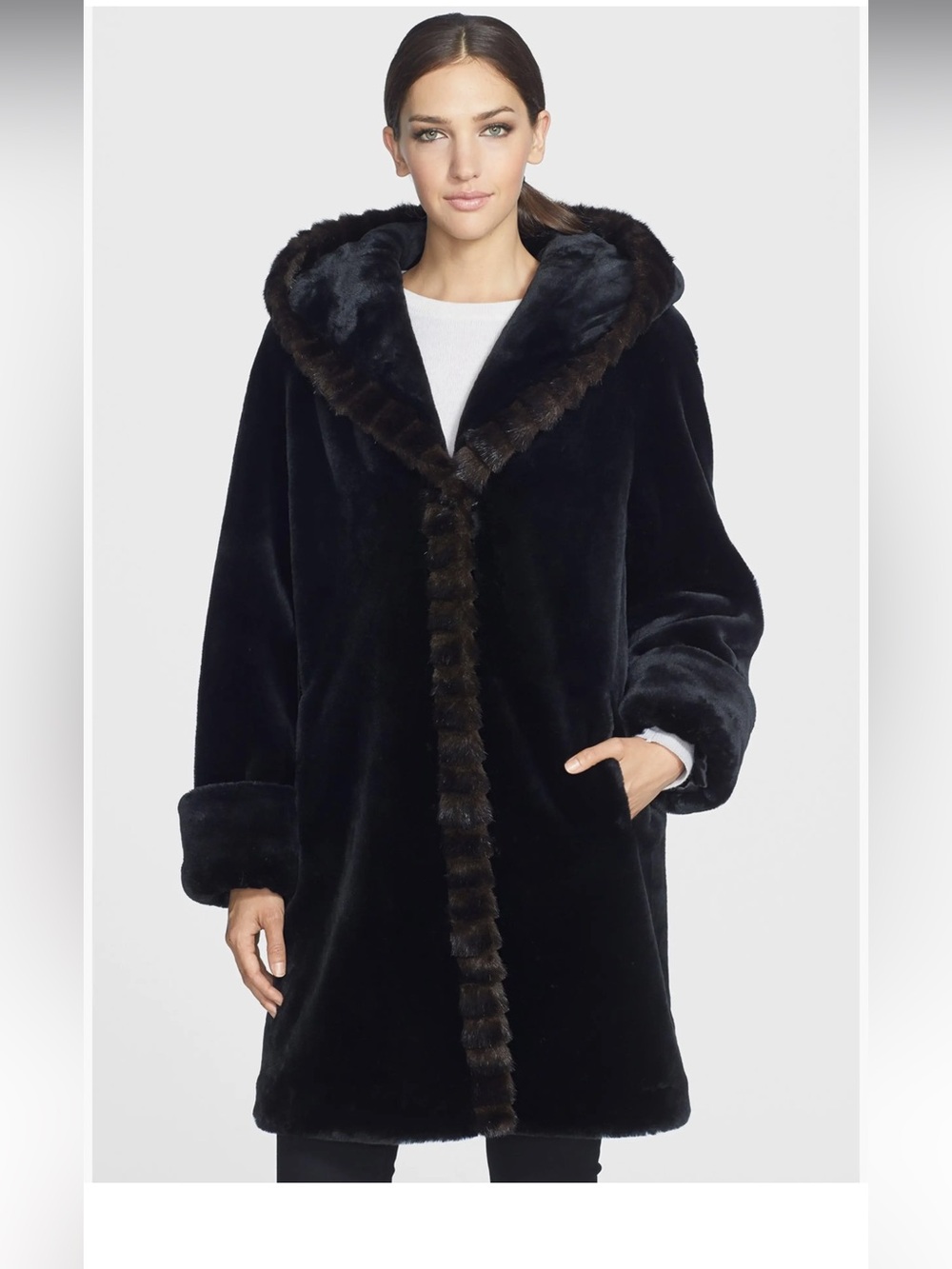 Gallery oversized Black Faux Fur Hooded Robe Coat